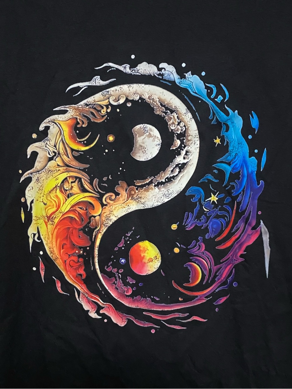 Black Cotton Graphic Tee with Multicolor Yin-Yang Design